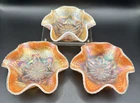 Group of 3 Antique DUGAN Peach Opal Carnival Glass "Petal and Fan" Sauce Bowls