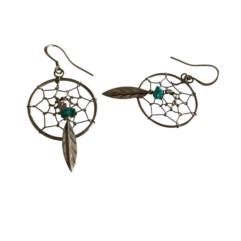 Brincos pendurados nativos americanos turquesa esterlina apanhador de sonhos - Imagem 2 de 4