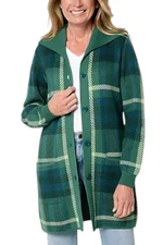 Denim & Co. Women's Button Front Sweater Tunic Cardigan Pine Plaid