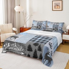 Rustic Patchwork Bedding Set,Blue Grey Checkered Plaid Bed for Teens Adult,Wi...