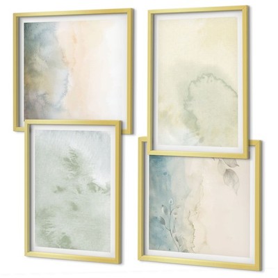 Mehrteiliges Bilder Set Pastellfarbene Aquarell Leinwandtextur Golden Rahmen