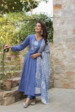 Women Cotton A Line Kurti Pant Dupatta Set Embroidered Yoke Ethnic Wear