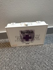 Vintage Wall Mount First Aid Kit White Metal Box USA Made Lab Safety Supply Nice