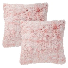 2x Throw Pillows Covers Fluffy Faux Fur Blush Pink for Fuzzy Home Decor 18x18 In