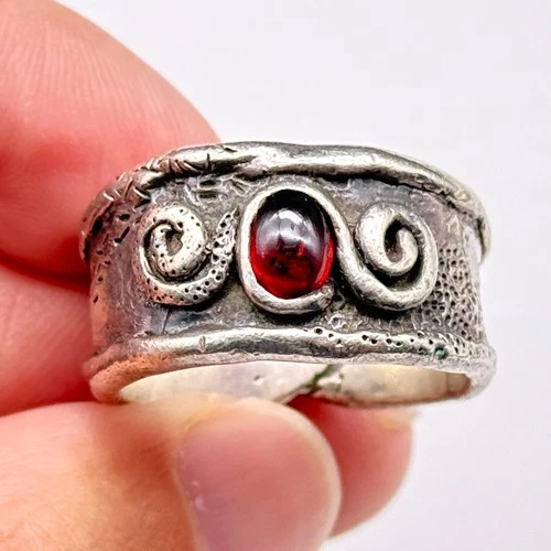 Vintage Cabochon Garnet Scroll Sterling Silver Statement Ring Size 10.5