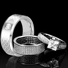 3 pieces His Hers TUNGSTEN and 925 STERLING SILVER Engagement Wedding Rings Set 