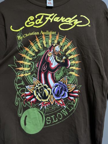 Ed Hardy Panthera Print Y2K Brown Long Sleeve sz XL - Picture 7 of 11