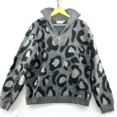 RD Style Women's Pullover Sweater M Gray Black Leopard Animal Print 1/4 Zip NWOT