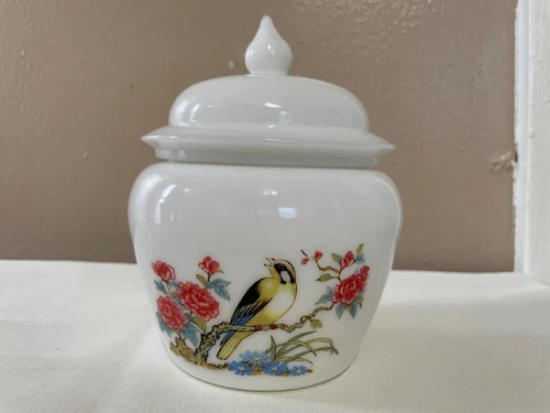 Vintage Empty Avon White Milk Glass Jar with Lid - Design Bird & Flowers