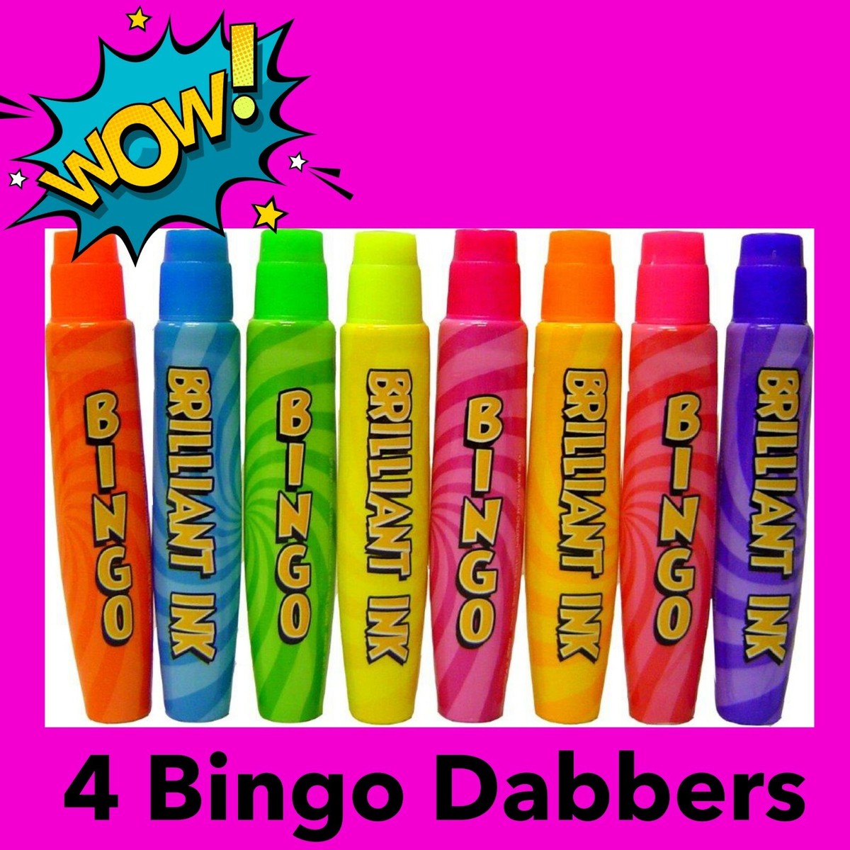 Bingo Dabbers 4 Pezzi - Pennarelli Per Bingo Con Inchiostro Colorato, Asciugatura Rapida, 4 Colori (Rosso, Blu, Verde, Arancione)