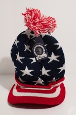 American Flag Pattern Brimmed Knit Beanie Skullcap Hat with Pom New with Tags