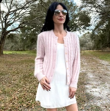 Vintage Cache Angora Button Cardigan Sweater Rabbit Pink Silver Metallic Small