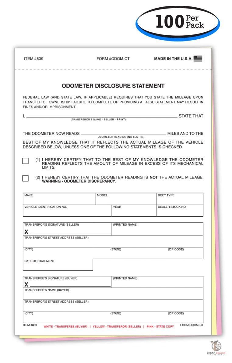 3 Part Odometer Disclosure Statement Form ODOM CT 100 per