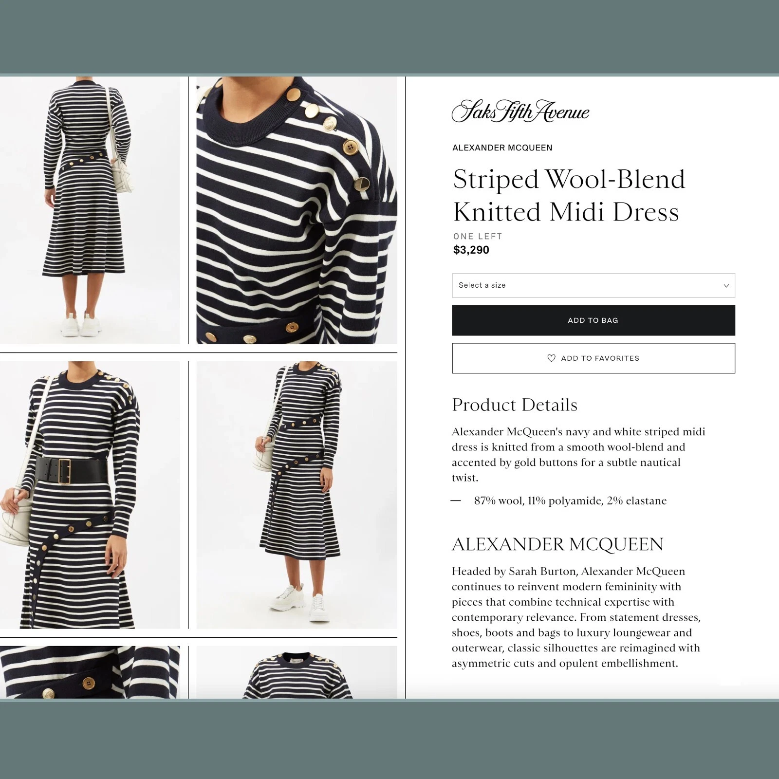 Abito midi Alexander McQueen in maglia avorio blu navy e oro $3290 nuovo con etichette passerella