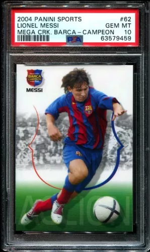 Lionel Messi 2004 Panini Mega Cracks #62 Barca Campeon RC PSA 10