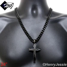 24"MEN Stainless Steel 11mm Cuban Curb Black Plated Necklace 3D Cross Pendant*A