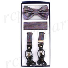 New Y back Men's Vesuvio Napoli Suspenders Bowtie Hankie Stripes Glitter rainbow