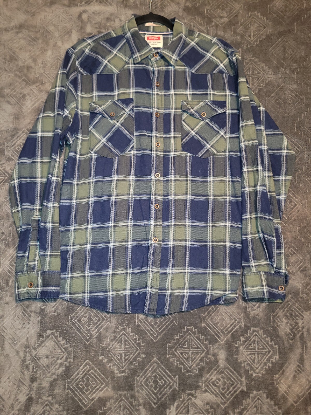 Wrangler Flex Comfort Flannel Shirt for Men Long Sleeve Blue Green Plaid Fall Large-image