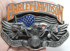 Harley Davidson Belt Buckle VTG 1991 Baron USA H402 Brass Enamel Eagle Flag D16