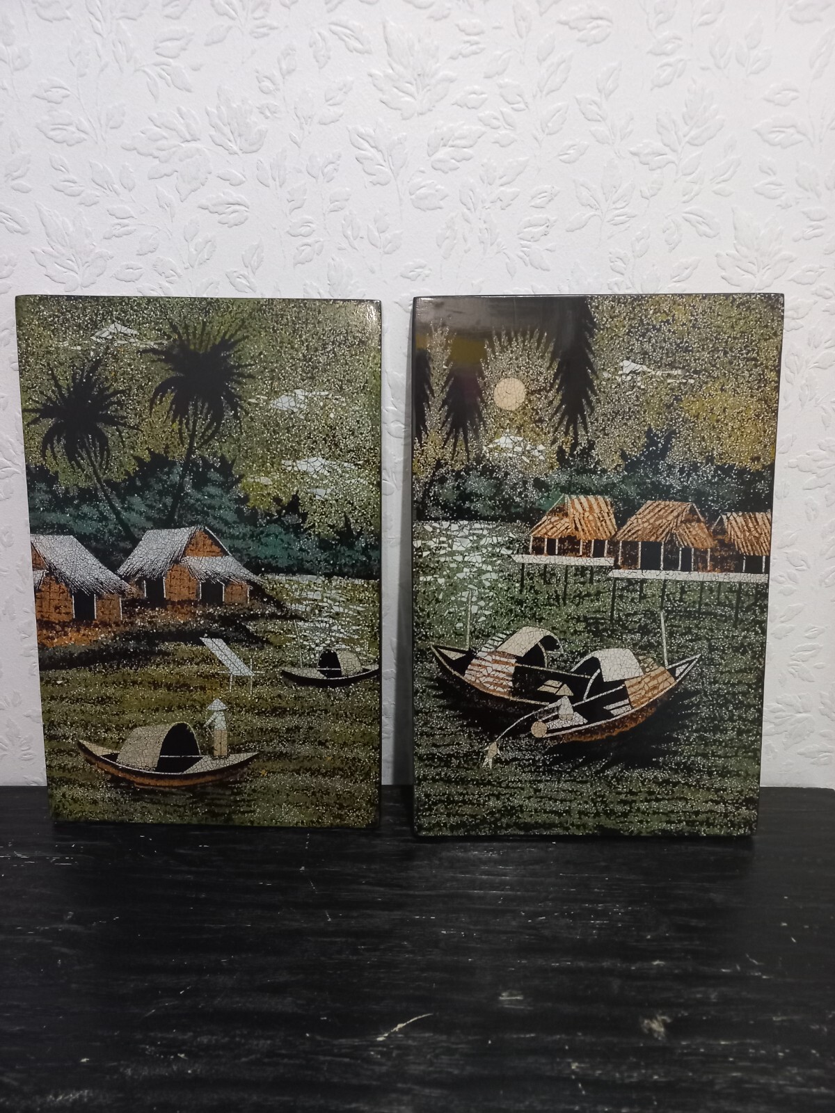 Cuadros colgantes de pared de río barco pueblo oriental vintage sobre madera X2 envío y devolución gratuitos