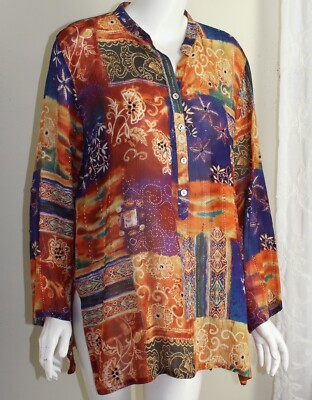 Chico's Sz 2 L 100% Silk Colorful Crinkle Art Southwest Tunic Blouse Shirt Top