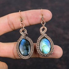 Women Day Gift Labradorite Jewelry Copper Gift Wire Wrapped Earrings 2.52"