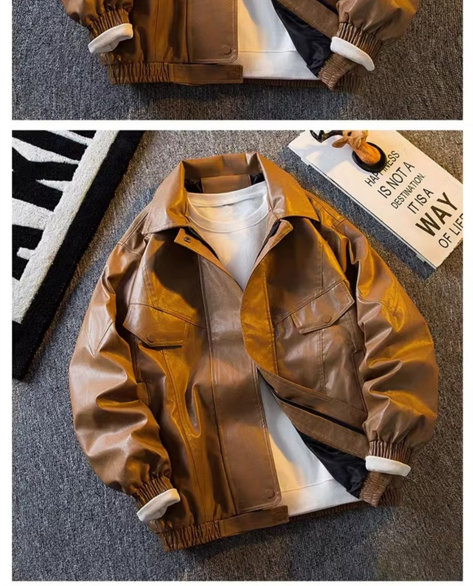 ジャケット・アウター 80-90's leather colour work jacket short Retro Style Mens Zipper Workwear Jacket Short Faux Leather