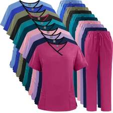 NiaaHinn Scrub Set Women Medical Nurse Hospital Clinic Uiforms Top Pant Straight