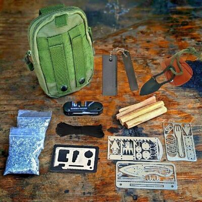 Survival Kit Fatwood Ferro Rod Magnesium Knife 4 Survival Cards Camping Hiking H