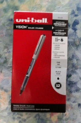 Uni-ball Vision Fine 60126 Black Ink 0.7mm Rollerball Pen, Box of 12 Pens - NEW