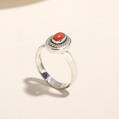 Sterling Silver Oval Root Chakra Coral Gemstone Bezel Statement Easter Gift Ring