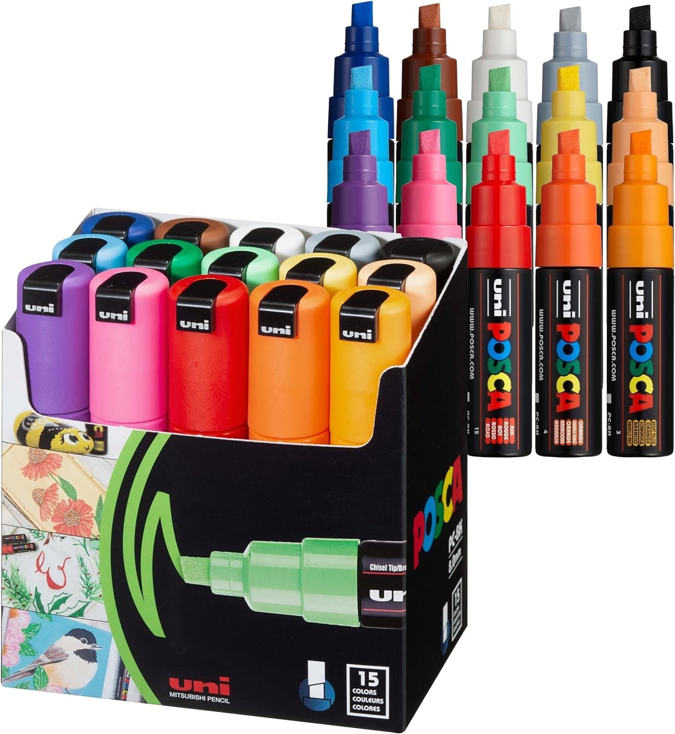posca Paint Markers, 8K Broad Chisel Tips, Set of 15 Acrylic Art Pens for