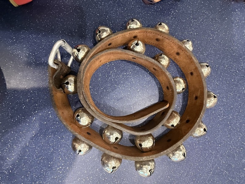 Vintage Sleigh Bells On Leather Strap - 5 Feet Long