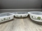 3 piece vintage Glassbake milk glass serving dishes Green Daisy USA