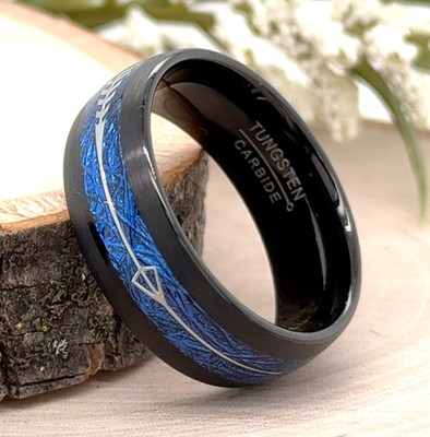 8mm Black Tungsten Christmas Gifts Ring Silver Arrow With Blue Fiber Inlay Band