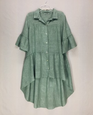 Meo Meli Italy Shirt Linen Dress One Size Ruffle Hem Hi-Low Boho Coastal Beach