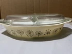 VTG Pyrex Dandelion Duet Divided Covered Oval Casserole Dish 1.5 Quart MCM