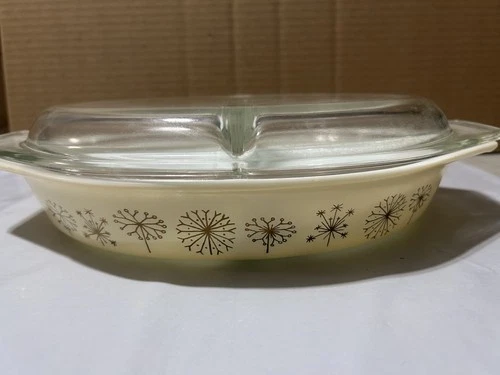 VTG Pyrex Dandelion Duet Divided Covered Oval Casserole Dish 1.5 Quart MCM