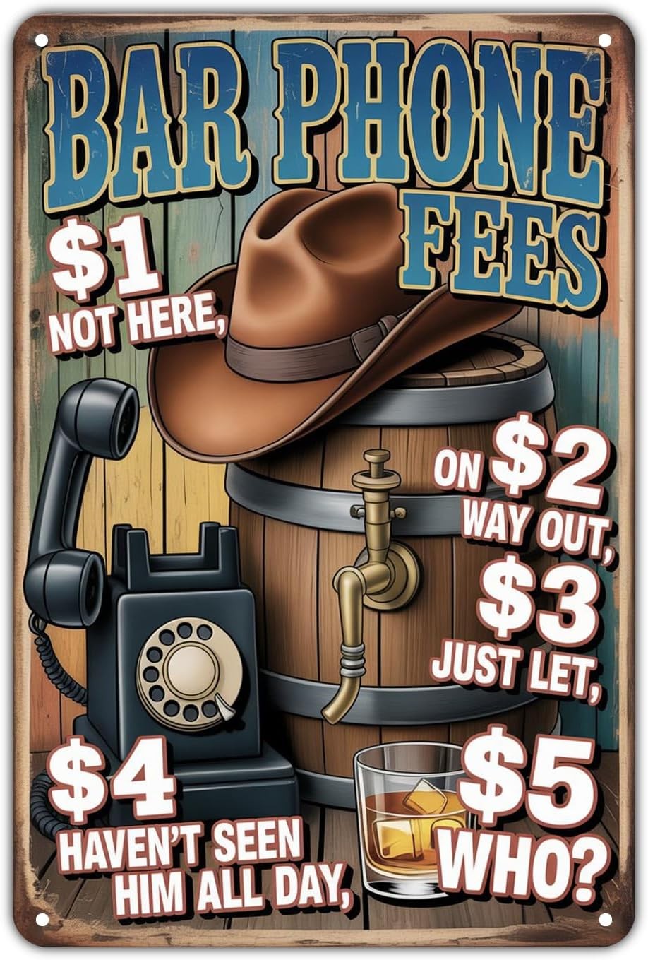 Vintage Western Cowboy Hat Whiskey Tin Sign Metal Wall Decor 8 x 12 inch
