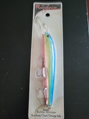 Vintage Renegade RRM28 Runner Minnow, New Old Stock Blue Back/Chart/Orange Belly