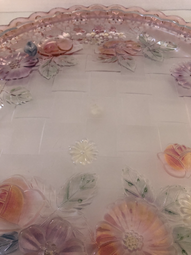 Vintage Mikasa Pink Flower Etched Glass Frosted Cake Scallop Edges Made In Japan - Picture 13 of 17