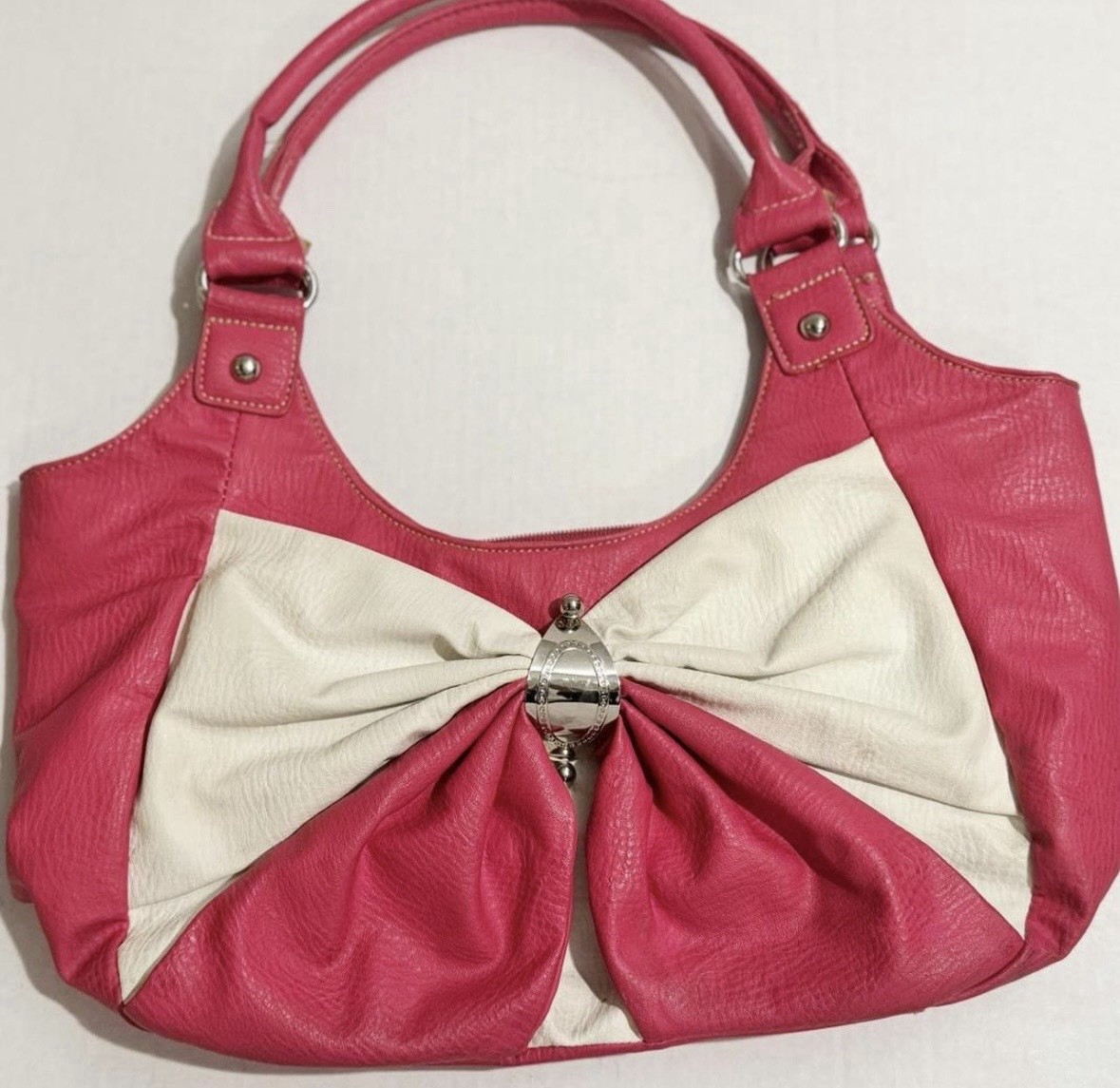 Pink & White Bow Faux Leather  Hobo Shoulder Bag Purse w Silver Hardware
