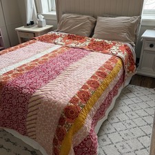 Anthropologie Boho 100 Cotton Patchwork Pink Stripe Reversible Quilt Queen