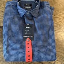 DKNY NWT - M Navy Pattern Stretch Regular Fit Woven Button-Up Dress Shirt - 035