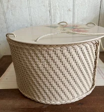 Vintage Pale PINK Wicker Princess Sewing Basket with flowers floral design 1940s