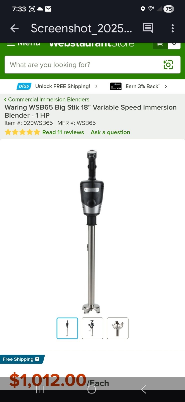 Waring WSB65 Big Stik 18" Variable Speed Immersion Blender - 1 HP