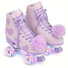 Women s/Girl s Classic Pom Pom Roller Skates W/ Light up Wheels and Love Hearts