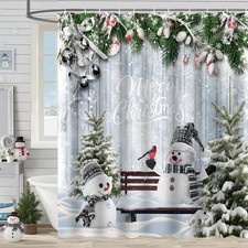 Christmas Winter Snowman Shower Curtain Snowy Xmas Pine Tree Bathroom Curtain...