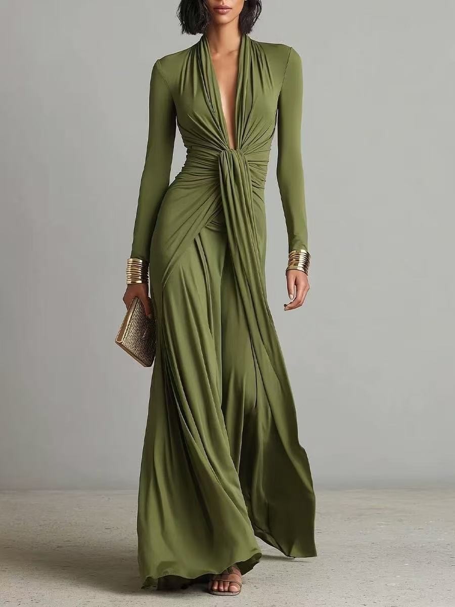 Vestido francés retro profundo nudo en V cintura ceñido con temperamento