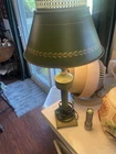 Vintage TOLE 19-20” Green & Gold Metal Desk LAMP Shade & Milk Glass Defuser